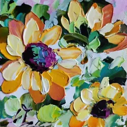 Buy Original Oil Painting Sunflowers Yellow Wildflowers Artwork Floral Art 4*4 In • 27.77£