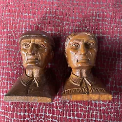 Buy Pair Of Hand Carved Wood Busts/Bookends Carving Old Man & Woman • 44.95£