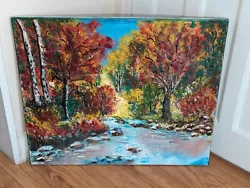 Buy Vintage Original Textured Hand Painting Autumn Forest Trees Riverscape Scenery  • 25.90£