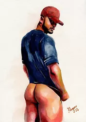 Buy PRINT Of Original Art Work Watercolor Painting Gay Male Nude  Guy With A Cap  • 17.70£
