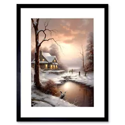 Buy Winter Cottage Landscape Painting Snow Lake Sunset Trees Framed Art Print 12X16 • 11.99£