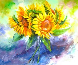 Buy Sunflowers Floral Original Oil Painting Canvas Abstract Modern Wall Art 20x24 In • 85£