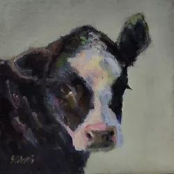 Buy Black And White Calf, Cow, Original Animal Oil Painting, 6x6 Inch Unframed • 32.68£