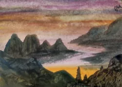 Buy ACEO Original Painting Seascape Beach Coast Rocks Beach Sunset Watercolour • 5.50£