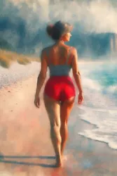 Buy Woman Walking On Beach Miniature Print From Oil Painting 4x6 Inch Unframed • 3.49£