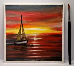 Buy Original Sunset Ocean With Sailboat Waves Painting On Canvas, 20 By 20 Cm • 25.77£