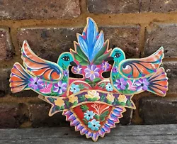 Buy Flaming Heart With Doves & Banner Handmade &Painted Mexican Tin Folk Art  • 45£