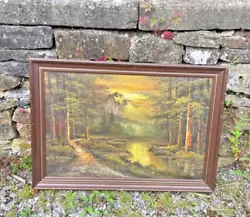 Buy PETER WOOD Mountain Forest Water Large Oil On Canvas Framed In Style Of Bob Ross • 24.99£