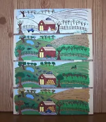 Buy Design #2 - 4 Seasons Painting On Plank Wood - Primitive Style, Farmland Scenery • 20.39£