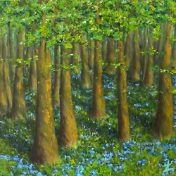 Buy Bluebells Forest, Trees, Forest Landscape Original Painting On Canvas 12x 12 • 122.32£