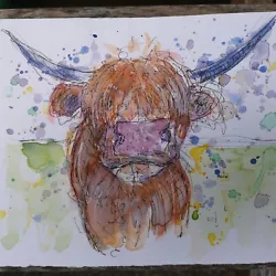 Buy Highland Cow Original Pen And Watercolour Drawing Painting A5 Size  • 25£