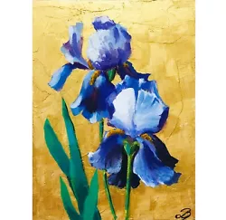 Buy Iris Painting Original Art Blue Flower Gold Shelf Decor Best Holiday Gift 9 X 7  • 72.57£