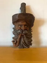 Buy Vintage Carved Wooden Old Mans Face With Hat, Beard And Pipe. Folk Art Sculpture • 12£