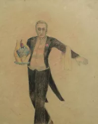 Buy Pencil Painting Antique Portrait Man Waiter • 97.50£