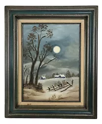 Buy Vintage Winter Landscape Snowy Field Full Moon Cabin Original Canvas 12 X 16 • 231.83£