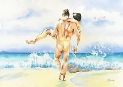 Buy PRINT Of Original Art Work Watercolor Painting Gay Male Nude  On The Waves  • 17.70£