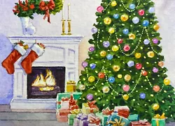 Buy Watercolor Painting Winter Christmas Tree Fireplace ACEO No.35 • 34.66£