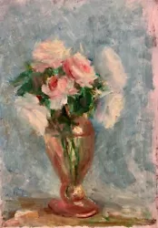 Buy Impressionist Floral Painting, Pink White Green, Light Blue, Vintage 1960 • 50£