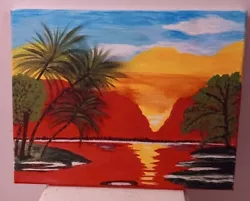 Buy Sunset Oil Painting Lake Palm Trees  • 24.50£