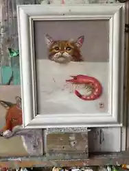Buy Original Oil Painting  Wild Animal  Cat & Shrimp   25x20cm    UNFRAMED • 59.99£