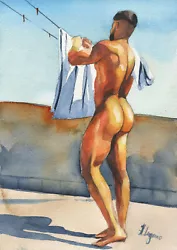 Buy PRINT Original Art Work Watercolor Painting Gay Male Nude  Hang Out The Wash  • 17.70£