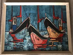 Buy MCM Retro Signed Oil On Board Painting Of Fishing Boats In A Harbour - 1960's • 135£