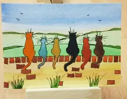 Buy Original Watercolour Painting ACEO  Colourful Cats  By Colin Coles  • 3.20£