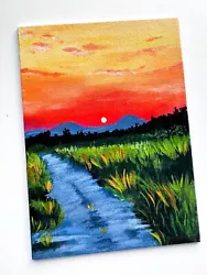 Buy Sunset Acrylic Painting-Landscape Field Fine Art  Unframed Original Artwork Sale • 60£