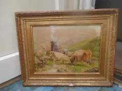 Buy Lovely Large Old Watercolour With Gilt Frame  SCOTTISH LANDSCAPE HIGHLAND CATTLE • 2.76£