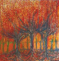 Buy Large 1m X 1m Original  Woodland Forest Unique Textured Painting Red Orange Gold • 195£