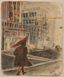 Buy 1969 Downtown City Woman Walking In Rain Umbrella Building Watercolor Painting • 28.59£