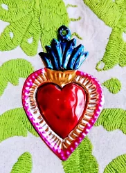 Buy Mini  Mexican Tin Heart Milagro Handcut & Painted Authentic Folk Art  #09 • 3.75£