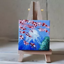 Buy Mount Fuji, Cherry Blossom Landscape Original Acrylic Painting On Mini Canvas • 14.60£