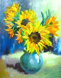 Buy Sunflowers In Blue Vase Original Oil Painting Wall Art Canvas Board 16x20 Inches • 65£