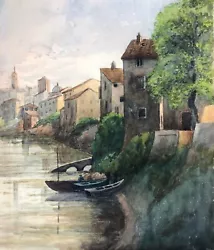 Buy Original C19th Antique Watercolour Painting Italian River Boat Figure Landscape • 53£