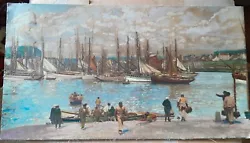 Buy Léon BELLEMONT 1930/ 40's French Fishing Village, Figures, Boats - Oil Painting • 79.99£