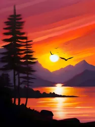 Buy Sunset Lake Mountains Trees Birds Orange Minimalist Painting Poster Art Print • 25.15£