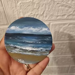 Buy Original Painting, Ocean, Beach, Hand Painted On Round Wooden Board 7 Cm • 7.77£