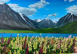 Buy Mountain Lake Scene Flower Field Landscape Oil Painting 50x70cm • 135£