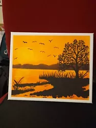 Buy Acrylic Canvas Painting Of Orange Sunset With Black Tree's, Bird's, Mountain... • 5£