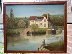 Buy Vintage Man Fishing By White Cottage Original Acrylic Painting Unsigned • 15£