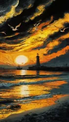 Buy Beach Sunset Digital Art Print, Starry Night Style Sea Front Painting • 0.99£