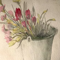 Buy Watercolor Painting 'Spring Flowers' By Jenny Lander ~ Tulips & Daffodils Bucket • 29£