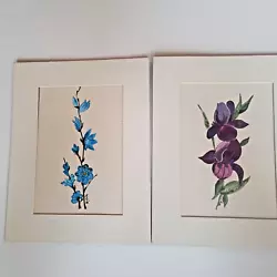 Buy Two Flower Paintings Artist Signed Purple Iris Blue Branch Matted 7x9 Inches • 16.31£