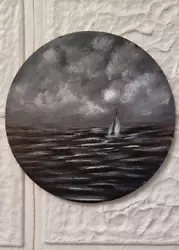 Buy Original Seascape Moonlight Painting, Hand Painted On Round Wooden Board 10 Cm • 12.77£