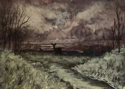 Buy ACEO Original Painting Art Card Landscape Deer Snow Winter Hills Watercolour • 5.50£