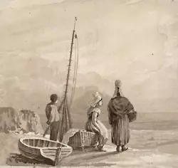 Buy FIGURES & BOATS ON COASTLINE Small Watercolour Painting 19th Century • 40£