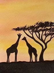 Buy Original Hand-Painted Watercolour Painting Giraffes Sunset (7  X 5 ) FREE P&P! • 7.95£