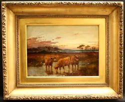 Buy FINE 19th CENTURY HIGHLAND CATTLE SCOTTISH SUNSET LANDSCAPE Antique Oil Painting • 46£