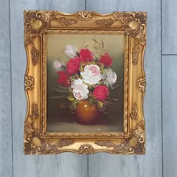 Buy Vintage Original Flower Oil Painting Ornate Gilded Frame Signed, Pink, Red Roses • 35£